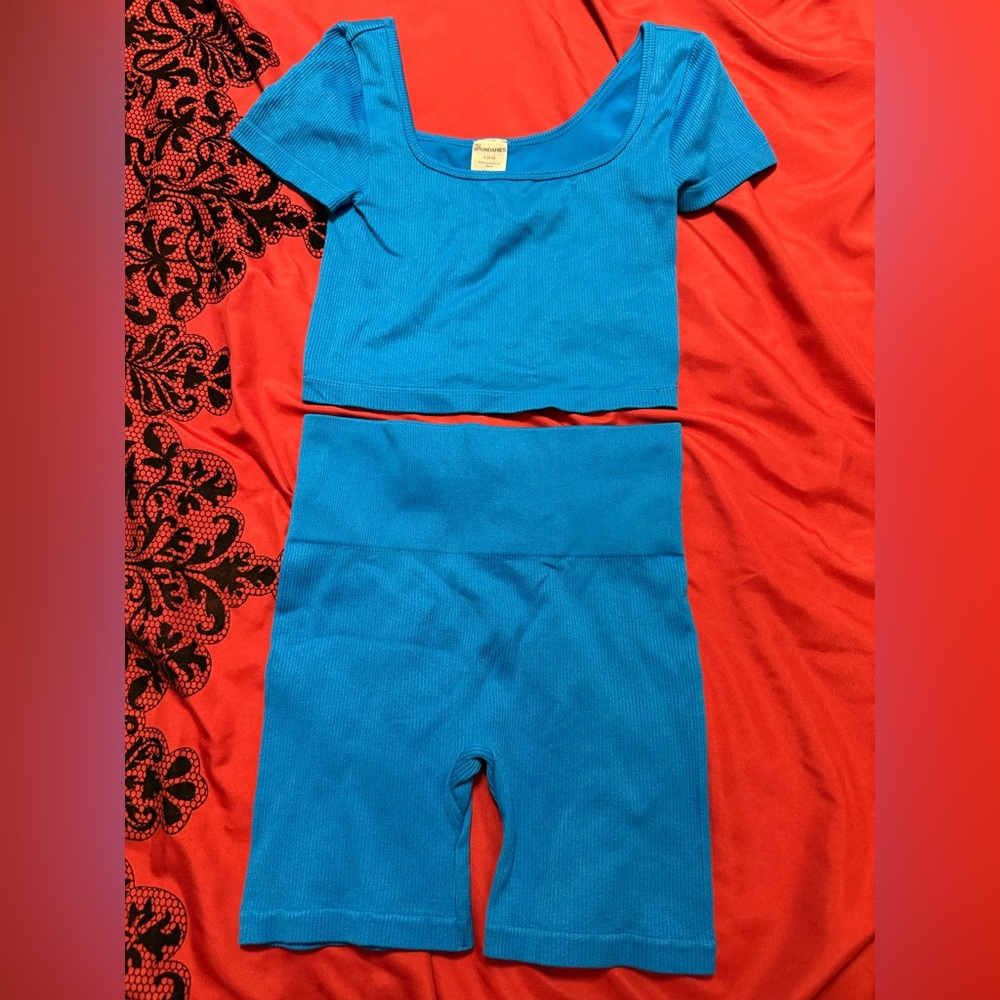 No Boundaries Bright Blue Ribbed Top with Coral Accent